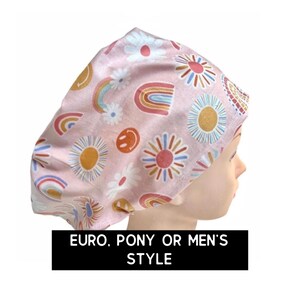 Pastel hippie rainbows Scrub cap | satin lined option | nurse scrub hat | women’s euro style surgical hat with adjustable toggle | cute hat