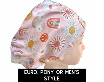 Pastel hippie rainbows Scrub cap | satin lined option | nurse scrub hat | women’s euro style surgical hat with adjustable toggle | cute hat