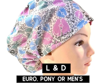 Baby footprint- pink and blue scrub hat| Labor and delivery | satin lined  | euro style with adjustable toggle, euro-pony with ties, men’s