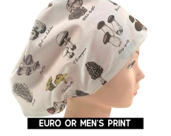 Mushrooms Scrub cap | satin lined option | mushroom print scrub hat | euro style with adjustable toggle or men’s style