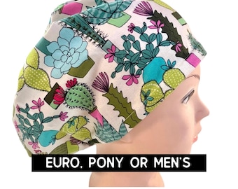 Cactus Scrub hat | satin lined option | green cactus print scrub cap | euro with adjustable toggle, euro-pony with ties or men’s
