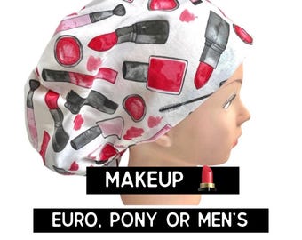 Makeup print scrub cap | nurse scrub hat | women’s euro style surgical hat with adjustable toggle | nurse hat | satin lined option