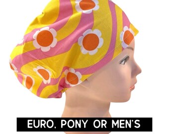 Pink and yellow hippie print Scrub cap | satin lined option | pastel scrub hat | euro with adjustable toggle, euro-pony with ties or men’s