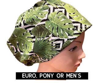 Tropical Print Scrub Cap: Floral scrub hat. Satin lined option. Euro with toggle, pony with ties or men’s styles