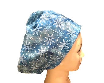 Blue snowflake scrub hat | satin lined option | Christmas scrub cap |  holiday scrub hat with adjustable toggle | nurse hat | winter