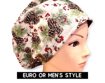 Pine cone holiday scrub hat | Christmas  scrub cap | women’s euro style with adjustable toggle or men’s style | satin lined option