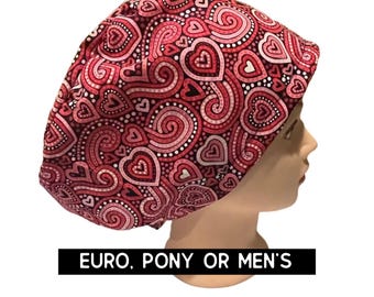 Valentine’s Day Scrub hat | candy hearts print scrub cap | medical hat | euro style with adjustable toggle, euro-pony with ties or men’s