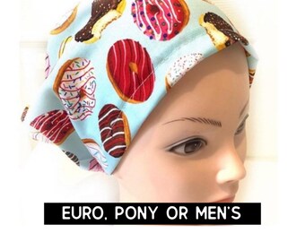 Donut scrub cap | satin lined option | scrub hat with food print | bakers hat |euro style with adjustable toggle, euro- pony wit ties, men’s