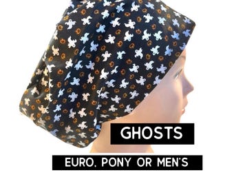 Halloween Ghosts Scrub cap | satin lined option | euro style with adjustable toggle, euro-pony with ties  or men’s | pumpkins and ghost