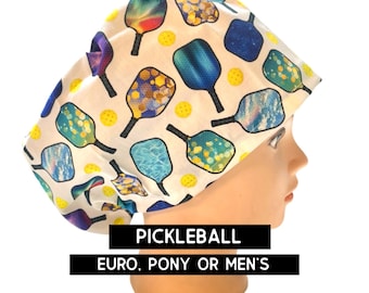 Pickleball paddle Scrub cap | satin lined option | cute scrub hat | euro with adjustable toggle, euro-pony with ties or men’s | sports theme