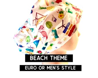 Beach Print Scrub cap | satin lined option | summer print scrub hat | euro style with adjustable toggle or men’s style