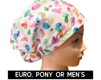 Bright pastel swirl scrub hat | satin lined option | scrub cap | euro style with adjustable toggle, euro-pony with ties or men’s