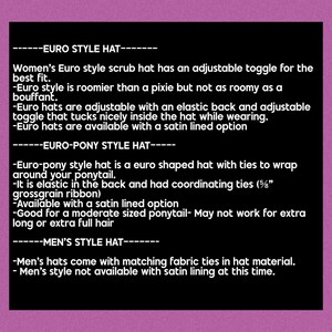 text descriptions of three different style hats, including a Euro style hat, a Euro-pony style hat, and a men's style hat. The hats are described in terms of their design, materials, and features.