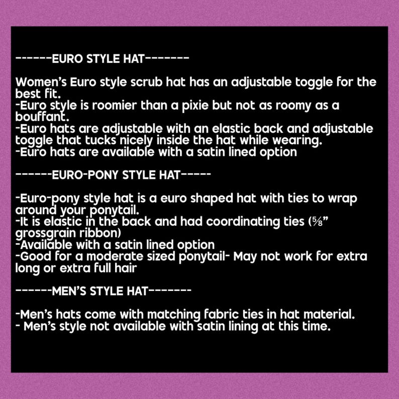 text descriptions of three different style hats, including a Euro style hat, a Euro-pony style hat, and a men's style hat. The hats are described in terms of their design, materials, and features.