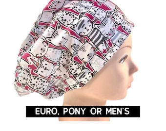 Cat scrub cap | satin lined option | pink cat print scrub hat | euro style with adjustable toggle, euro-pony with ties, men’s style