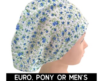 Blue floral print Scrub cap | satin lined option | tiny floral print scrub hat | euro with adjustable toggle, euro-pony with ties or men’s
