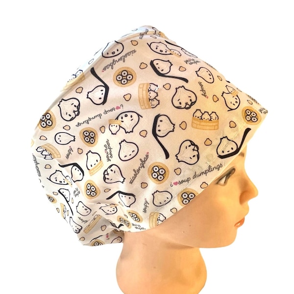 Soup dumplings Scrub cap | satin lined option  | euro style scrub hat with adjustable toggle, ponytail, men’s | funny food scrub cap