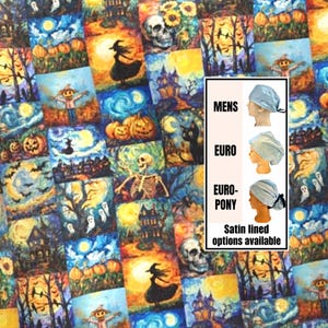 May include: A fabric featuring a repeating Halloween-themed pattern with pumpkins, witches, skeletons, ghosts, and haunted houses. An inset shows three styles of scrub caps labeled MENS, EURO, and EURO-PONY, with text stating Satin lined options available.