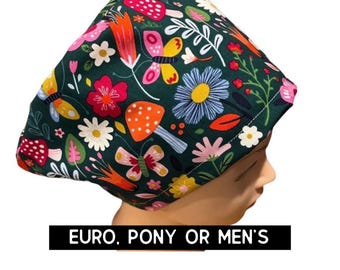 Woodland forrest print Scrub cap | satin lined option | mushroom scrub hat | euro style with adjustable toggle, euro-pony with ties or men’s