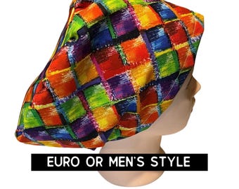 Bright geometric print scrub hat | euro style scrub cap with adjustable toggle or men’s style | satin lined option