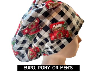 Christmas Scrub hat | Holiday checkered, red truck scrub cap | euro style with adjustable toggle, euro-pony with ties or men’s style
