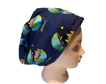 Save the planet scrub hat | satin lined option | eco- friendly theme scrub cap | euro scrub hat with adjustable toggle | surgical hat