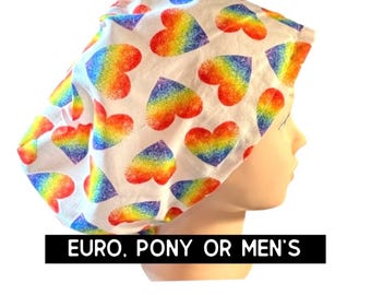 Rainbow heart scrub hat | euro style with adjustable toggle, euro- pony with ties or men’s style | satin lined option | surgical hat