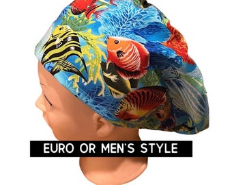 Fish and ture scrub hat | satin lined option | underwater print scrub cap | women’s euro style with adjustable toggle or men’s style
