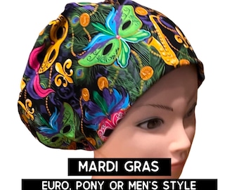 Mardi Gras Scrub hat | satin lined option | New Orleans print scrub cap | euro with adjustable toggle, euro-pony with ties, men’s style