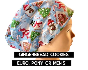 Gingerbread cookies scrub hat | satin lined option | Christmas scrub cap | euro with adjustable toggle, euro-pony with ties or  men’s