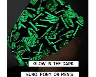Glow in the dark Halloween Scrub cap | satin lined | black skeleton scrub hat | euro  with adjustable toggle, euro-pony with ties, men’s