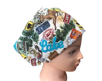 Lake Print Scrub Cap: Wilderness Theme | Satin lined option. Euro with toggle, pony with ties or men’s styles