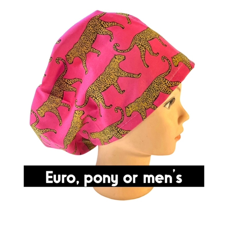 Pink Cheetah Scrub Cap: Funny scrub hat. Satin lined option. Euro with toggle, pony with ties or men’s styles zdjęcie 1