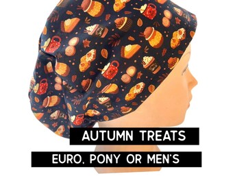 Autumn deserts and drinks Scrub cap | satin lined option | euro style with adjustable toggle, euro-pony with ties, men’s | fall colors print
