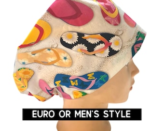 Flip flop Scrub cap | satin lined option | summer print scrub hat | euro style with adjustable toggle, euro with pony ties, men’s | beachy