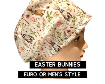 Rabbit print scrub cap | scrub hat | Bunny scrub hat | women’s euro style surgical hat with adjustable toggle or men’s | satin lined option