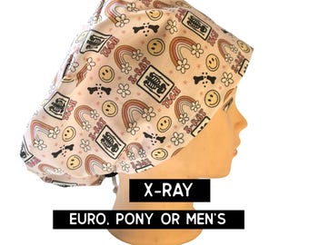 Pink x-ray scrub hat| radiology- x-ray scrub cap | satin lined option | euro style with adjustable toggle, euro-pony with ties, men’s