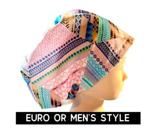Scrub hat | pink multicolor print scrub hat | satin lined option | medical hat | euro with adjustable toggle or men’s style
