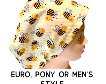 Bee print scrub hat | cute bumble bee print |euro with adjustable toggle, euro-pony with ties or men’s style | satin lined option