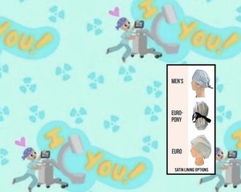 I C You-  C-Arm scrub hat| radiology- x-ray scrub cap | satin lined option | euro style with adjustable toggle, euro-pony with ties, men’s