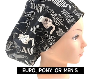 Cat print scrub Cap | satin lined option | euro style with adjustable toggle, euro-pony with ties or men’s style | black and white print