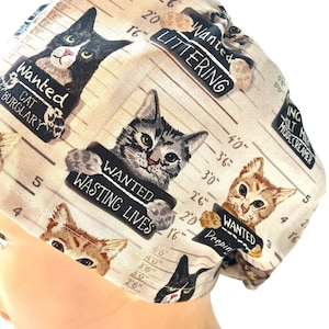 Cat Mug Shot Scrub Cap: Satin Lined option. Euro, euro-pony or men’s 画像 2