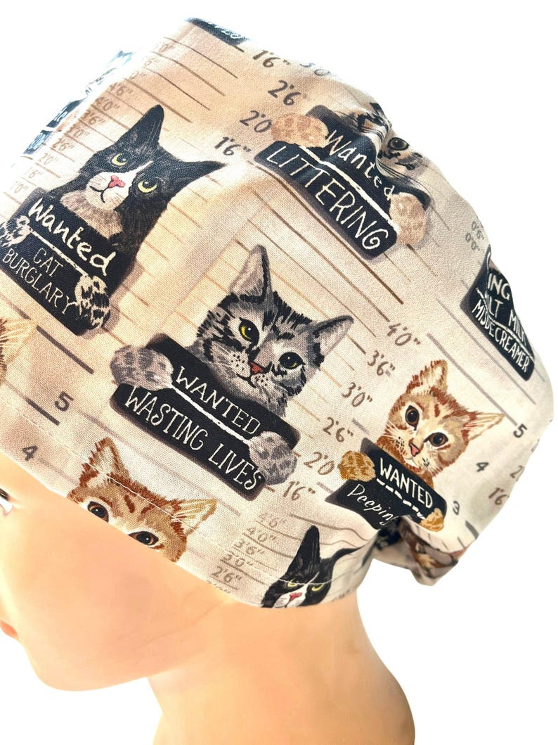 Cat Mug Shot Scrub Cap: Satin Lined option. Euro, euro-pony or men’s 画像 2