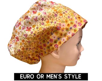 Scrub hat | pink and yellow floral print  scrub cap | women’s euro scrub hat with adjustable toggle | satin lined option
