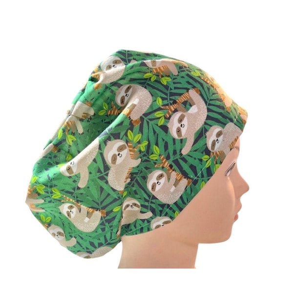 Sloth Scrub hat  | animal scrub cap | women’s euro style scrub hat with adjustable toggle | satin lined option | cute sloth print nurse hat