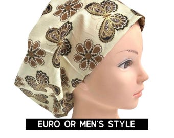 Gold butterfly print scrub hat | butterfly scrub cap | women’s euro style with adjustable toggle or men’s style  | satin lined option