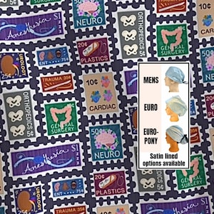 Medical stamps Scrub Cap | Funny scrub hat. Satin lined option. Euro with toggle, pony with ties or men’s styles