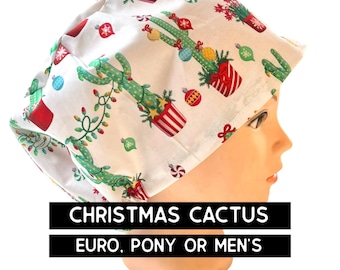 Christmas Cactus Scrub hat | holiday scrub cap | winter nurse cap | euro  with adjustable toggle, ponyties, or men’s style