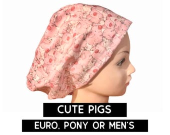 Pig Scrub hat | cute pig print scrub cap |  euro with adjustable toggle, euro-pony with ties or men’s style  | satin lined option | anima