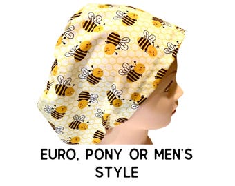 Bee print scrub hat | cute bumble bee print |euro with adjustable toggle, euro-pony with ties or men’s style | satin lined option